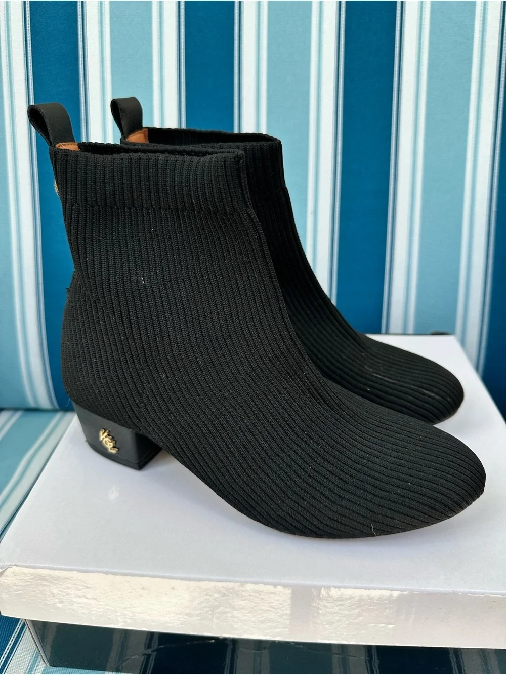 Kurt Geiger Black Ribbed Knit Ankle Booties with Logo Heel